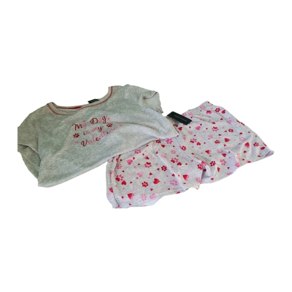 Laura Ashley Short and Tee Shirt Pajama Set Valentines/Dog Themed Red and Gray